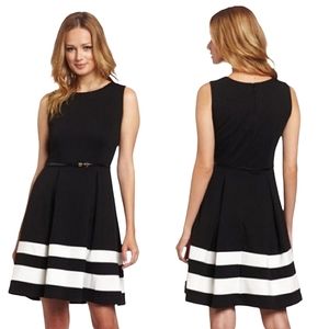 Calvin Klein Belted Black and White Fit and Flare Dress